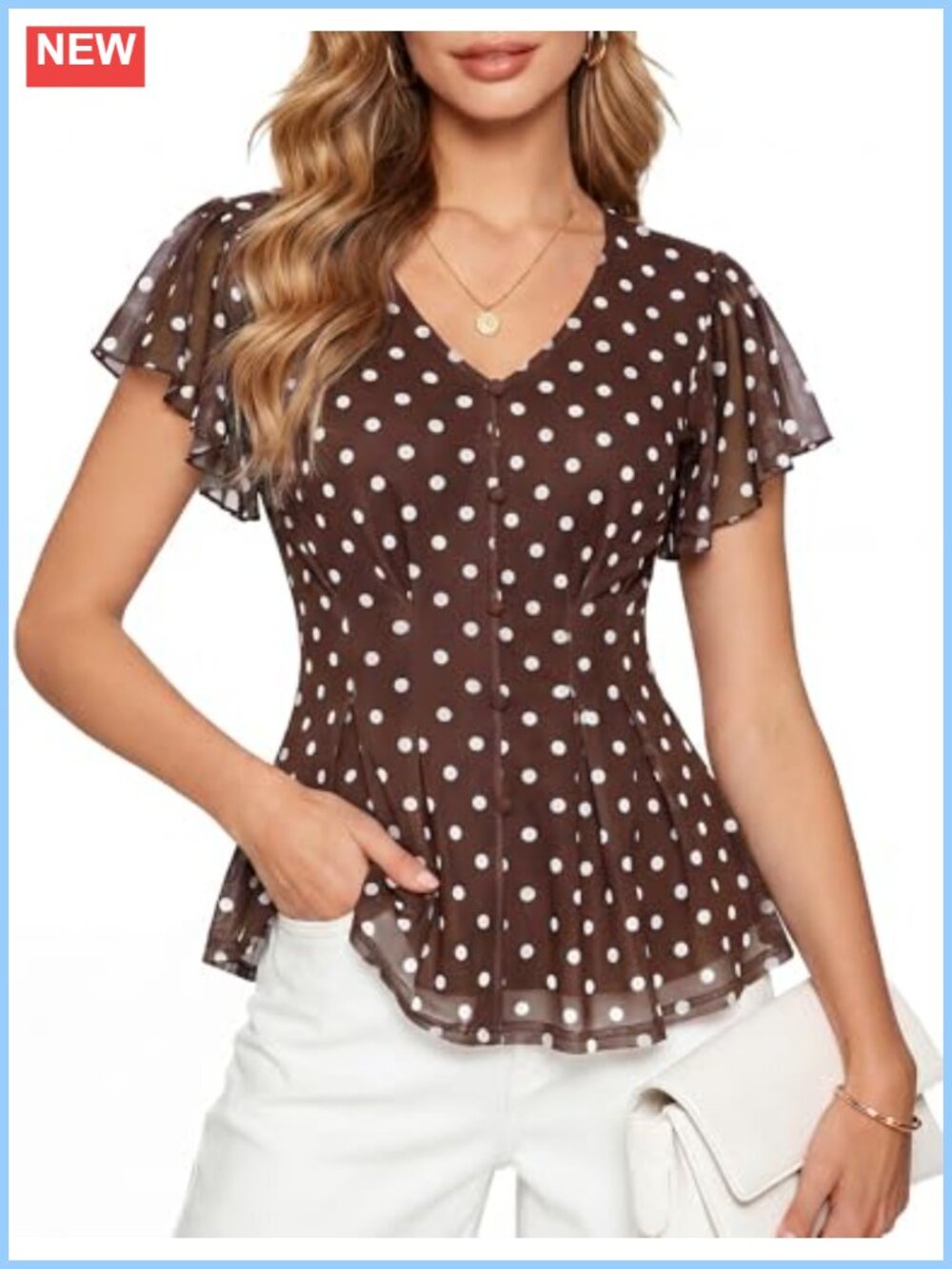 Women's Mesh Peplum Blouse Floral V-Neck Ruffle Sleeve Casual Top